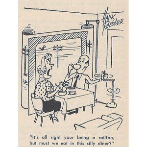 Cartoon Vintage Print Illustration 1953 Railfan Diner Classic Railway Humor u